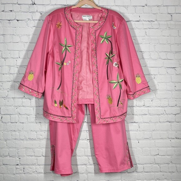 Vintage Jackets & Blazers - Vintage Nancy Bolen Pink Women Beaded Embroidery Suit Size 20W Jacket Pants